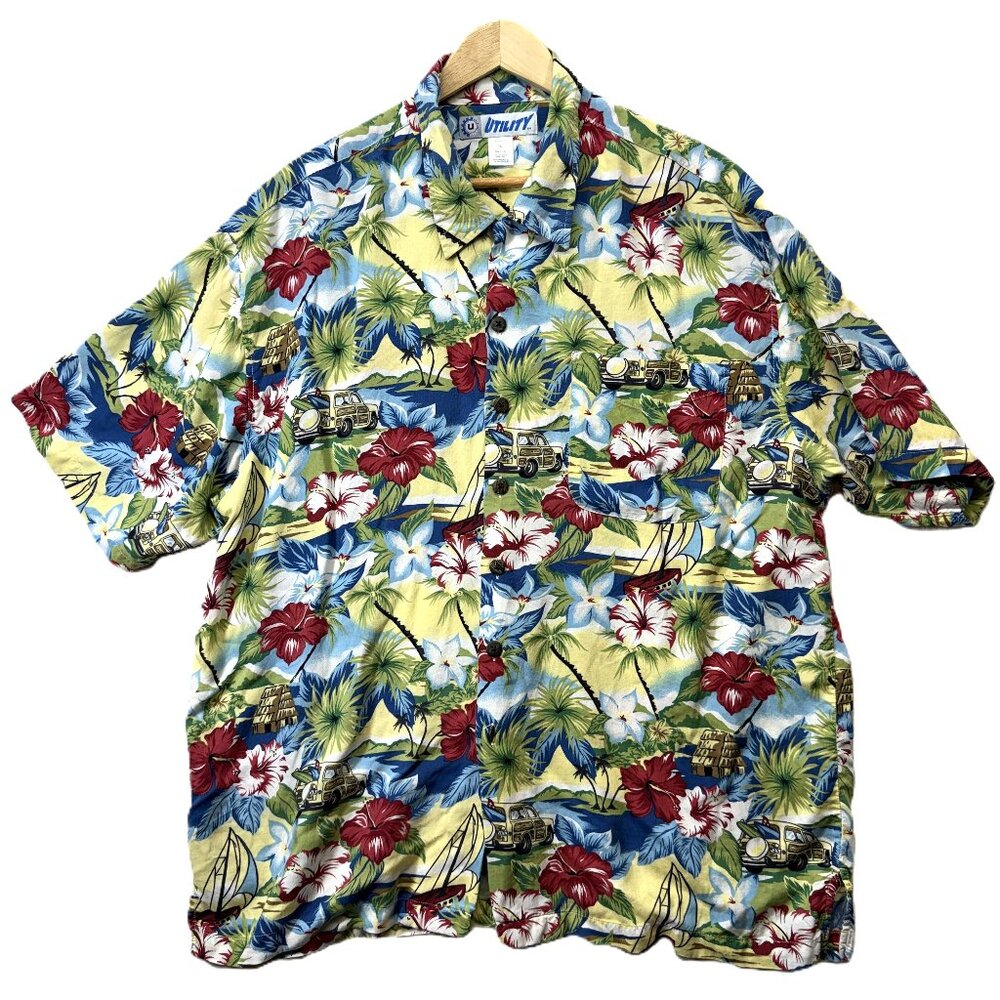 Utility Tropical Hawaiian Shirt  Floral Surf Jeep Print Button Front Men’s XL